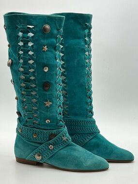 Turquoise suede Nando Muzi boho knee high boots. Size 7